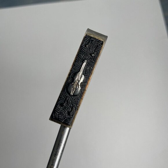 Vintage Tie Clip Bar - Silver Violin & Music Notes on Black Musician Theme (V6) - Picture 4 of 5